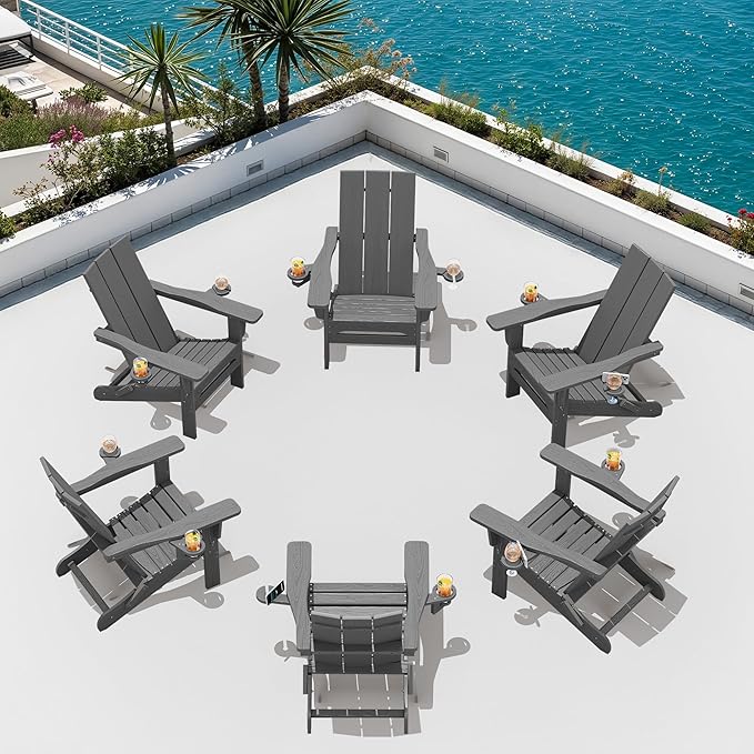 SERWALL Outdoor HDPE Adirondack Chair Set 6, Modern Folding Adirondack Chair with Cup Holders, Weather Resistant Fire Pit Chairs, Gray