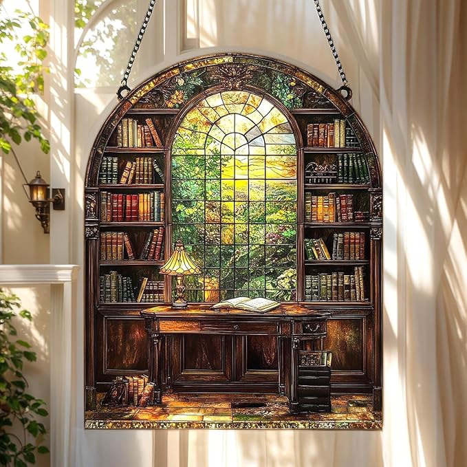 Bookshelf Christmas Ornament Bookish Acrylic Suncatcher Stained Glass Effect Window Hanging for Book Lover Reading Nook Decor Gift for Librarian Readers