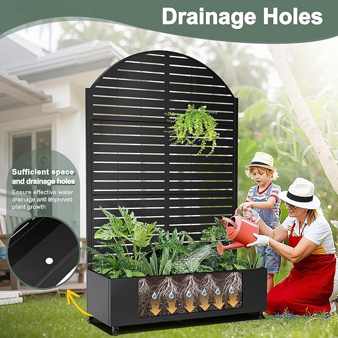 Metal Planter Box with Trellis for Climbing Plants Vegetables, Raised Garden Beds with Privacy Screen & Wheels, Standing Flower Box with Drainage Holes (47" L, Black Arch)