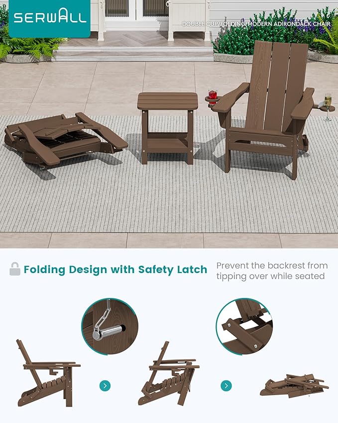 SERWALL Modern Adirondack Chair Set of 6, Folding Adirondack Chair with Cup Holders, Outdoor HDPE Fire Pit Chairs for All Weather Use, Brown