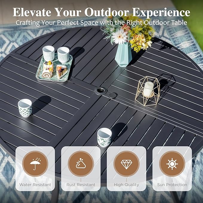 HERA'S HOUSE 7 Pieces Outdoor Dining Sets, 1 Round Steel Weather Resistant Table with 1.57" Umbrella Hole and 6 High Back Patio Chairs for Lawn Garden Backyard