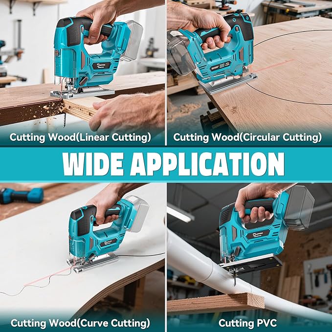 Jig Saw Compatible with Makita 18V Battery, Laser Guide Cordless Jigsaw Tool, Brushless Motor, Variable Speed, 45° Bevel Angle Cut, LED Light, 3 Orbital Sets, 6PCS Blades (No Battery)