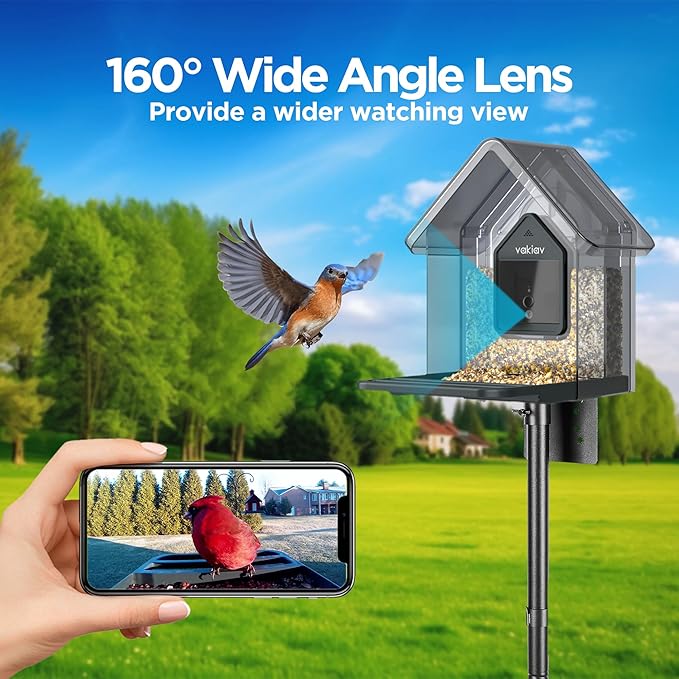 Smart Bird Feeder with Camera Solar Powered,4K Camera with UHD Video Live Stream,No Subscription,Identify 10,000+ Birds with AI,Instant Alerts,Elderly-Friendly,No Wi-Fi Needed,Gifts for Bird Lovers