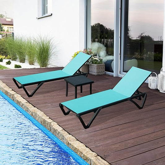 Domi Outdoor Lounge Chair, Aluminum Plastic Patio Chaise Lounge with Side Table & 5 Position Adjustable Backrest & Wheels, All Weather Reclining Chair for Outside Beach Poolside Lawn, Lake Blue