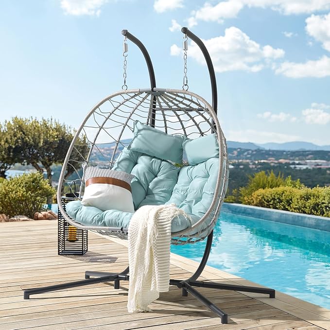 Patiorama 2 Person Double Egg Swing Chair with Stand Indoor Outdoor, Patio Wicker Rattan Hanging Egg Chair w/Cushion, Pillow, Foldable Hammock Chair 550lbs for Bedroom, Balcony, Garden (Light Blue)