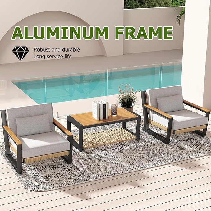 Aluminum Patio Sofa Set with PE Rope Weaving, 500lbs Capacity Outdoor Conversation Set, Waterproof UV-Resistant Cushions & Powder-Coated Frame, Modern Sectional for Poolside, Garden Yellow