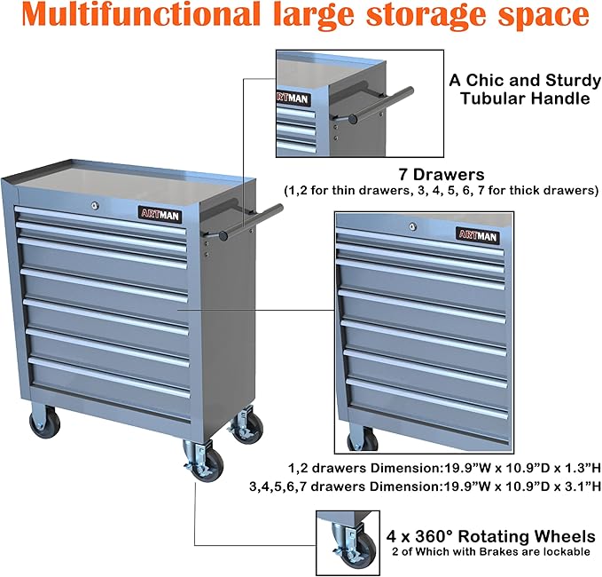 7 Drawers Tool Cart on Wheels,Multifunctional Rolling Tool Chest Tool Storage,Drawers Rolling Tool Trolley Organizer Tool Case for Garage, Warehouse, Workshop, Repair Shop (Silver)