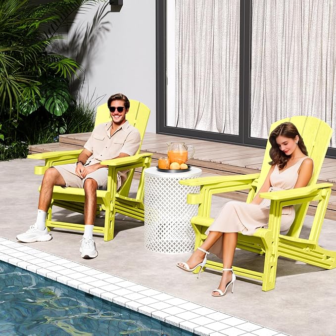 Adirondack Chairs Set of 2, Adirondack Chair with Cup Holder,Wooden Textured Plastic Fire Pit Chair,All-Weather Outdoor Patio Chairs for Lawn,Backyard Deck, Porch,400LBS Heavy-Duty,Yellow