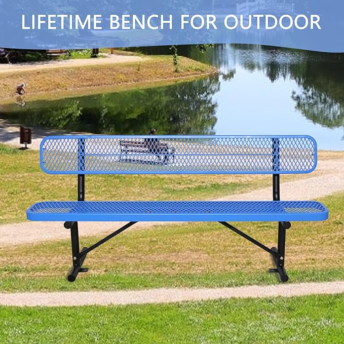 8 FT Steel Park Bench for Outside, Outdoor Bench with Backrest & Portable Frame, Thermoplastic Coating, Commercial Benches for Shopping Mall, Store, Park, Patio, Deck, Blue
