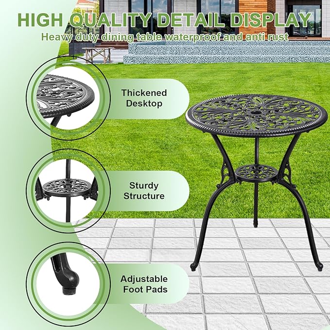 3 Piece Patio Bistro Set,Cast Aluminum Outdoor Bistro Table and Chair Set of 2 with 1.97" Umbrella Hole,All Weather Patio Furniture Set for Garden,Porch(Black)