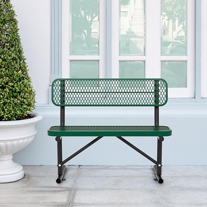 4 Feet Heavy Duty Metal Park Bench for Outside, Outdoor Bench with Backrest & Portable Frame, Commercial Benches for Shopping Malls, Stores, Parks, Patios, Decks, Green