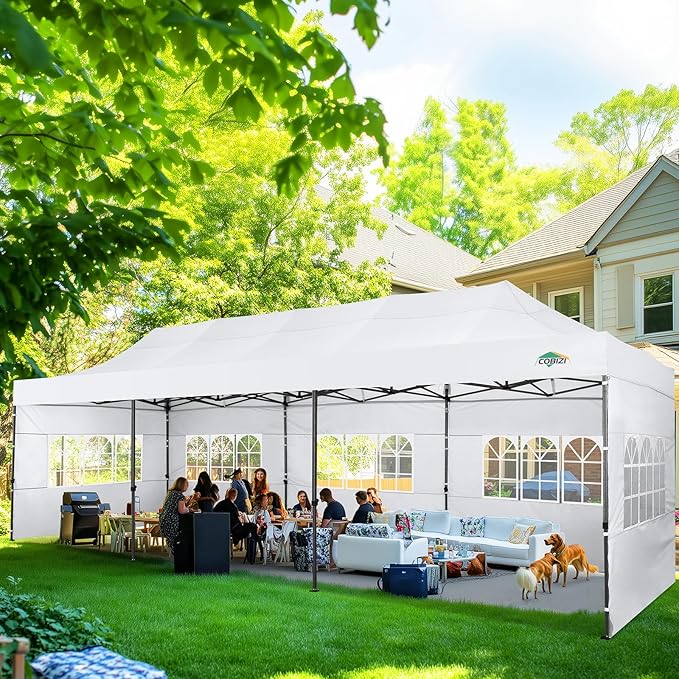 COBIZI 10x30 Pop up Canopy Heavy Duty with 8 Sidewalls, Easy Set-up Commercial Outdoor Party, 100% Waterproof Wedding Canopy Gazebo, 3 Height Adjustable with Wheeled Bag, White