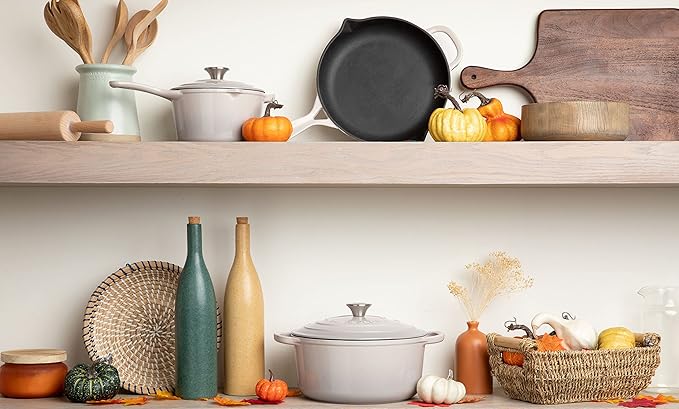 Larder & Vine 5-Piece Enameled Cast Iron Cookware Set - Includes 5.7 Quart Dutch Oven with Lid, 10.25 Inch Skillet, 2.2 Quart Saucepan with Lid (Stone)