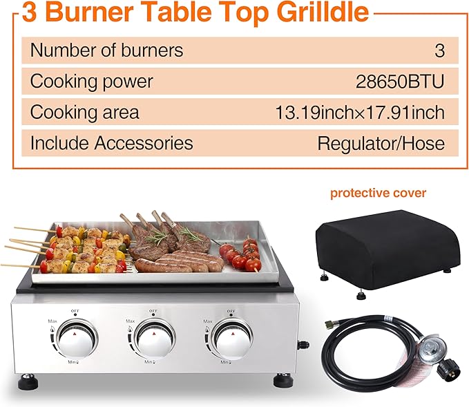 Burner Table top Propane Griddle with Detachable Top | Ultimate Portable Outdoor Cooking Station | Includes Stainless Steel Warming Rack for Camping, Tailgating & BBQs (3 burner)