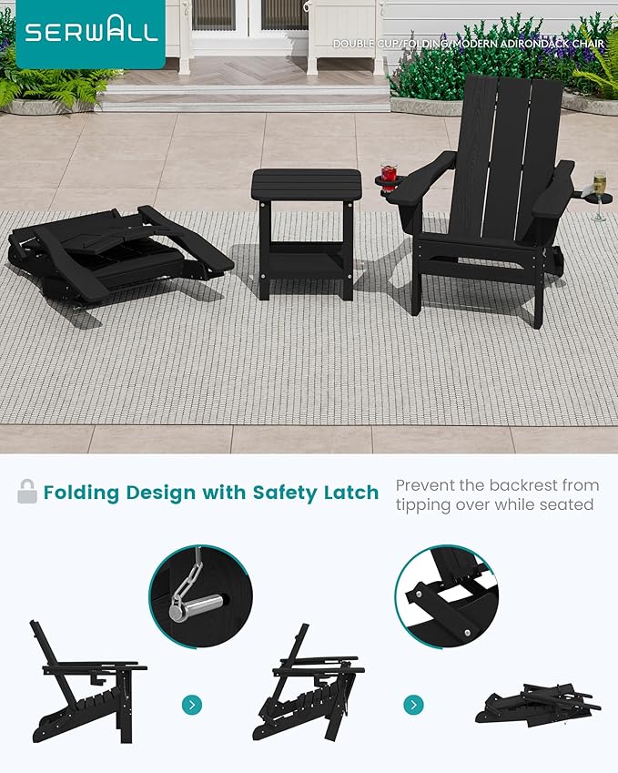 SERWALL Adirondack Chair with Dual Cup Holders, Folding Modern Adirondack Chair, HDPE Outdoor Fire Pit Chair for All Weather Using, Black