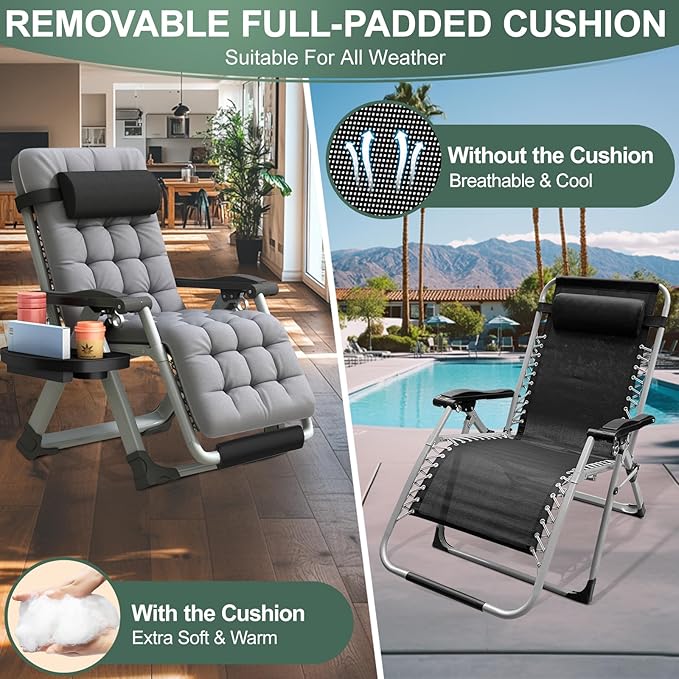 XL Zero Gravity Lounge Chair 29", Oversized Padded Folding Recliner for Patio with Storage Bag, Removable Cushion, Footrest, Full Aluminum Lock & Large Cup Holder, Supports 450 lbs, Grey