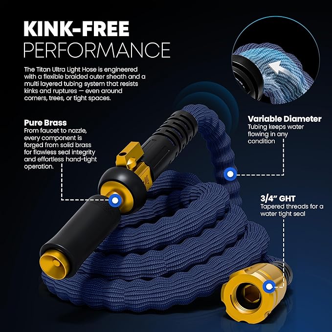 TITAN Flexible Garden Hose 65FT – Ultra Lightweight, Heavy Duty Water Hose with Brass Fittings & Jet Nozzle – Kink-Free, Non-Expanding, Durable Fabric Hose for Yard, Lawn, Car Wash, Outdoor Use