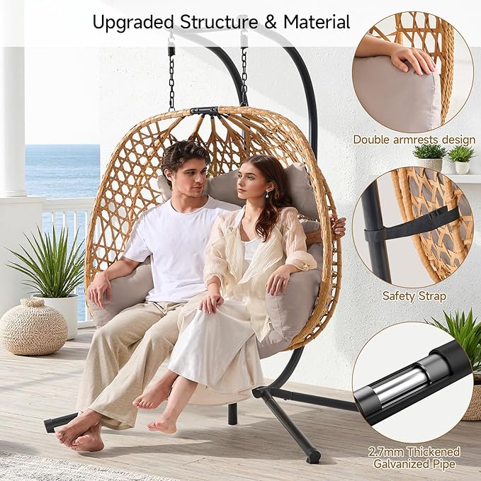 ONBRILL Double Hanging Egg Chair with Stand, Bohemian Knot Style Hammock Swing Chair, Foldable Basket & Denser Weaves, 650 Lbs Capacity Loveseat with UV Resistant Cushion for Patio, Backyard (Khaki)
