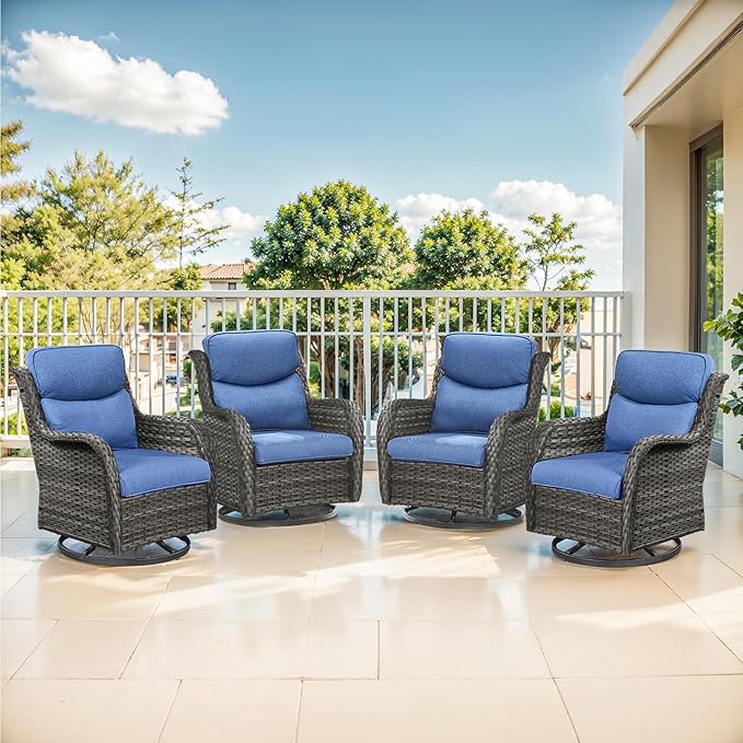 Outdoor Swivel Rocker Patio Chairs Set of 4-5" Thick Cushion 4 Piece Furniture Set All Weather Comfortable Wicker Conversation Set for Porch Poolside and Deck - Gray/Blue