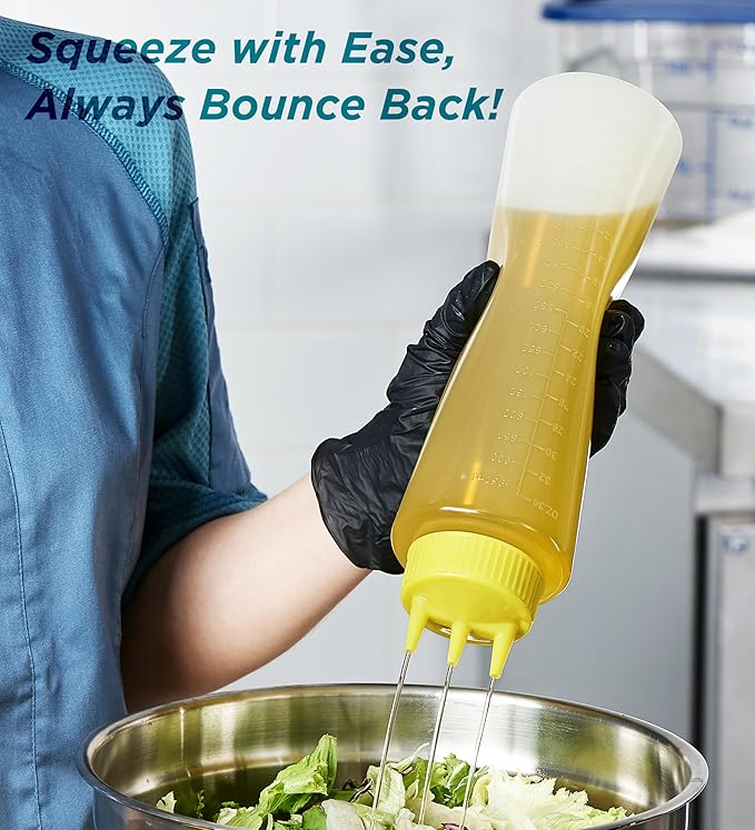CURTA 6-Pack 24 oz Clear Squeeze Bottle with 3 Open Tips, BPA-Free Easy-to-Squeeze Plastic Condiment Dispenser with oz & ml Markings for Sauce, Oil, Dressing, Dishwasher Safe, White