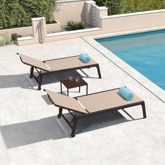 PURPLE LEAF Oversized Patio Lounge Chairs Set of 3, Reclining Pool Lounge Chairs with Side Table and Wheels for All Weather for Outdoor, Deck, Lawn, Aluminum Outside Pool, Light Tan