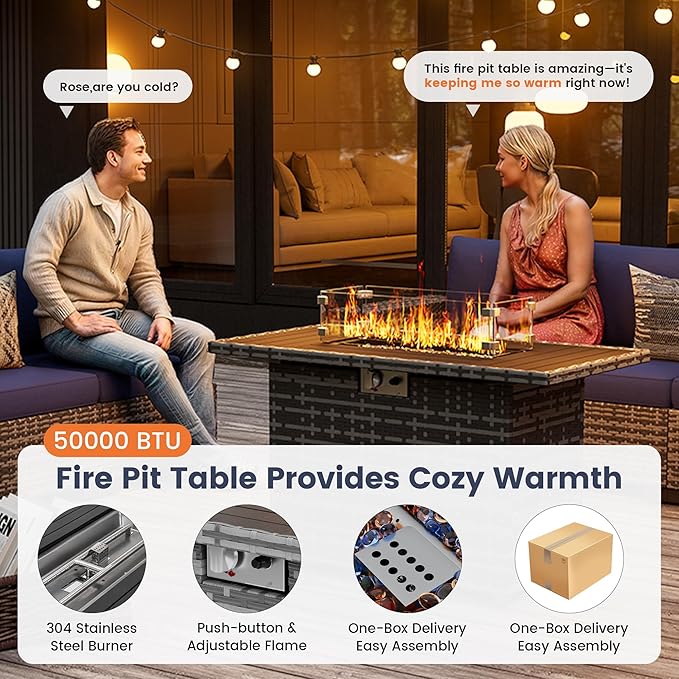 UDPATIO Patio Furniture Set with Fire Pit Table, 8 Inch Armrest Patio Sectional Sofa, 7 Piece Wicker Outdoor Furniture Conversation Set with Waterproof Cover for Backyard Deck(Grey/Navy)