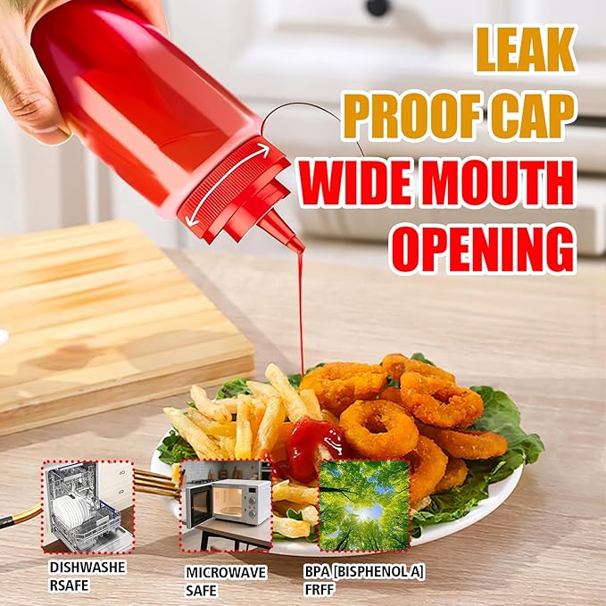 12oz Leak-Proof Sauce Squeeze Bottles- BPA-Free Kitchen & Restaurant Dispensers w/Wide Mouth for Ketchup, Mustard, Syrup, Oil, Dressings Dishwasher Safe (White+Yellow+Red, 12oz-6pack)