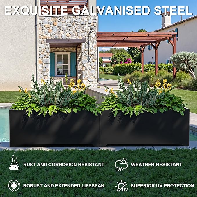 Metal Planter Box 36"L x 15"W x 15"H, Large Outdoor Rectangle Planters with 6 Drainage Holes & Raised Bottom, All-Weather Garden Planter Box for Patio, Lawn, Commercial & Residential, Black