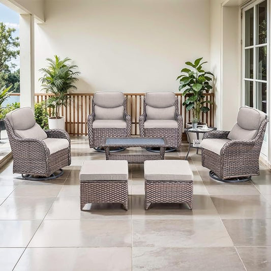 Outdoor Swivel Rocker Patio Chairs Set of 4 with Coffee Table - 5" Thick Cushion 8 Piece Furniture Set All Weather Comfortable Wicker Conversation Set for Porch Deck - Brown/Beige