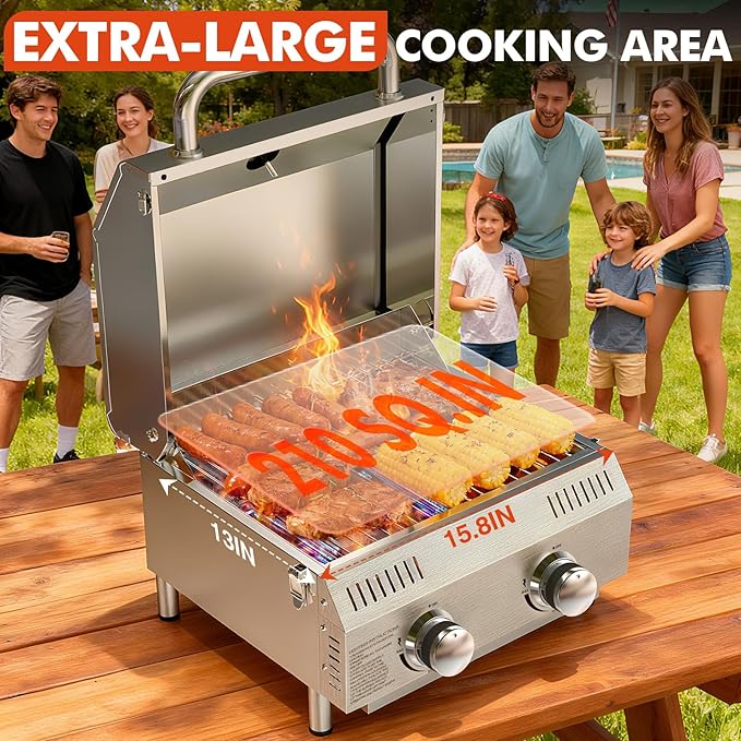 Llamaviva 2 Burners Tabletop Gas Grill Dual Fuel Adapter, 20,000 BTUs Portable Stainless Steel Propane Grill with Legs for Tailgating, Outdoor Patio Backyard Camping, and RV Trips