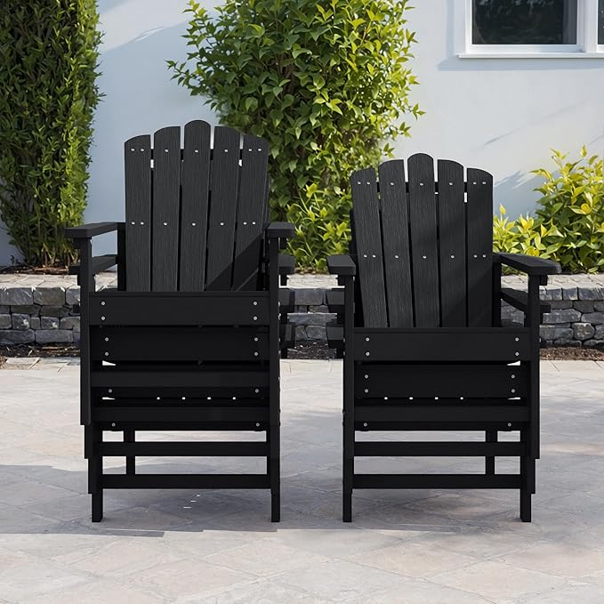 Stackable HDPE Adirondack Chairs Set of 2 – Durable, Weather-Resistant Outdoor Patio Seating, Low Maintenance Poly Lumber Chairs for Porch, Deck, Garden, Fire Pit (Black)