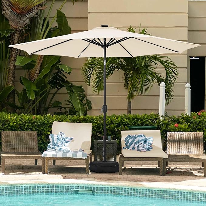 Sundale Outdoor Olefin 5-Year-Non-Fading Solar 88 LED 10FT Solar Patio Umbrella with Sand Bag Base, Outdoor Umbrella with Tilt and Crank, Beige