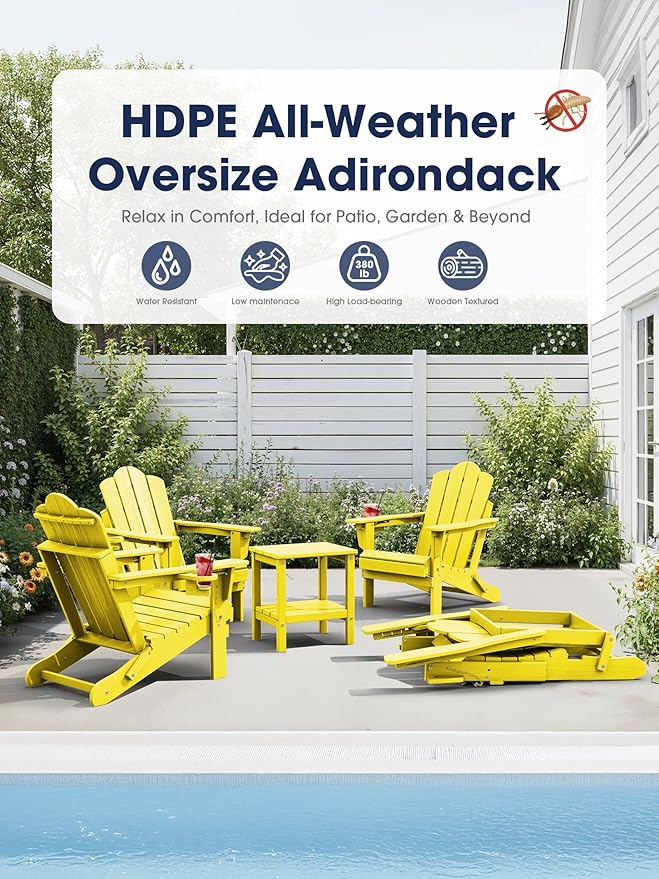 KINGYES Adjustable Folding Adirondack Chair Set of 2, 3-Position Reclining Adirondack Chairs with Cup Holder, HDPE All-Weather Oversized Adirondack for Outdoor, Patio, Backyard Deck, Fire Pit, Yellow