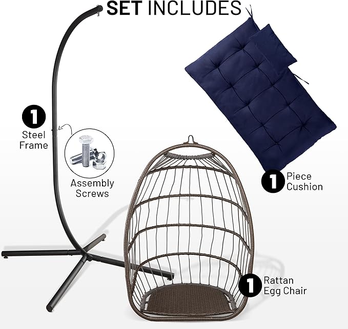 SereneLife Deep Blue Foldable Hanging Egg Chair with Stand Rattan Wicker Outdoor Indoor Swing Seat Waterproof Cushion & Headrest Heavy Duty Steel Frame 350 lb Capacity Hammock for Patio Porch Garden