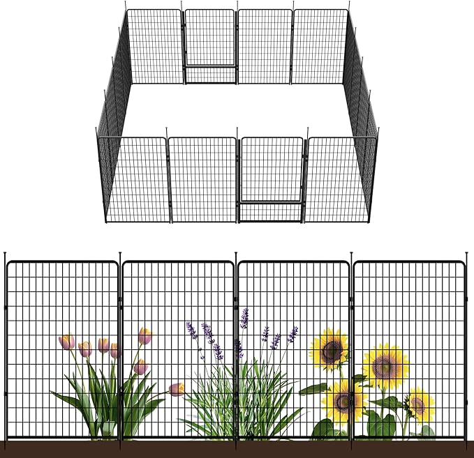 SunsGrove Tall Garden Fence with Gate, 50 in(H) x 40.9 ft(L) 16 Panels Heavy Duty Metal Animal Barrier Fence for Yard, Suitable for Indoor or Outdoor Dog Pet Fence, Garden Fence Border, Black