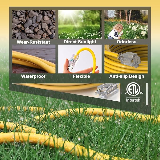 PLUGTUL Outdoor Extension Cord 15 FT Waterproof, 12/3 Gauge Heavy Duty Lighted Extension Cord, 3 Prong Grounded Plug for Safety, 15A 1875W SJTW, ETL Listed, Great for Garden and Home, Yellow