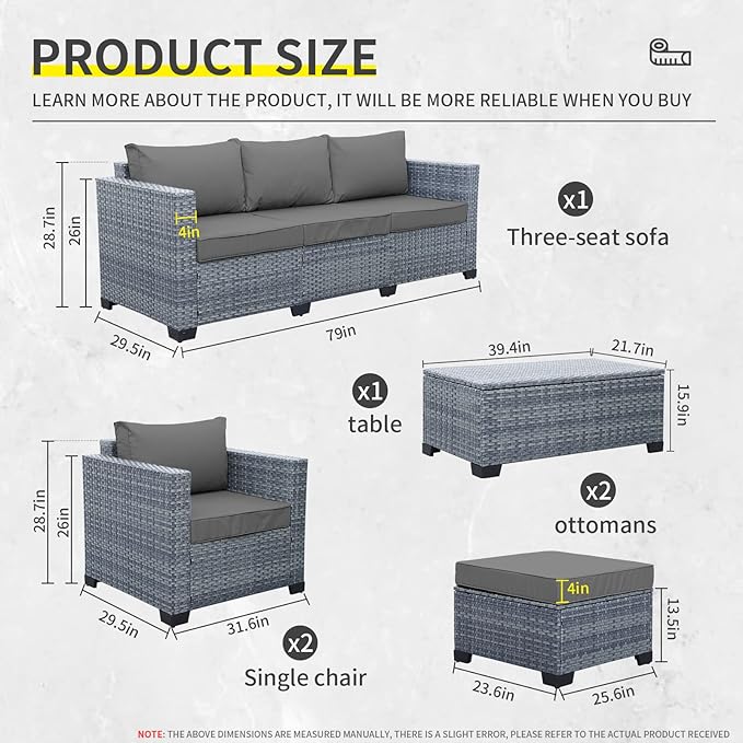 6 Pieces Wicker Patio Furniture Sets Outdoor Conversation Set PE Rattan Sectional Sofa Couch with Storage Table and Grey Cushions