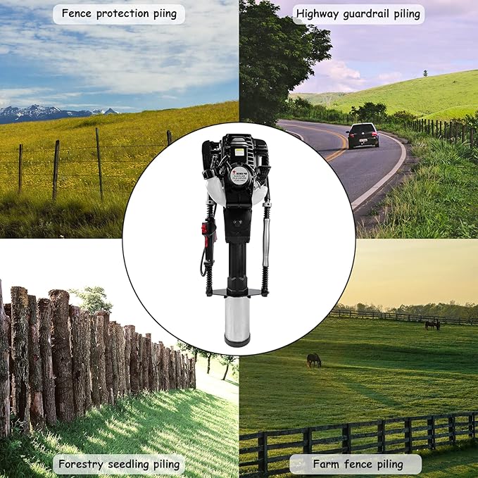 Gas Powered 4 Stroke T Post Driver Hammer Drills, 37.7CC Gasoline Engine Pile Driver, Gasoline Petrol Garden Fencing Tool Machine with 3 Post Driving Head, 49mm, 69mm, 100mm