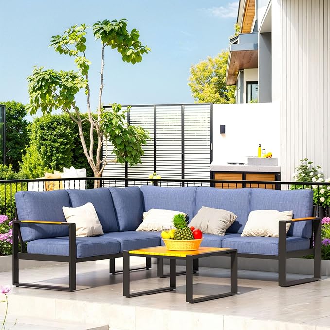 Aluminum Patio Furniture Set, All-Weather Outdoor Couch Sectional, L Shaped Patio Conversation Sets, Metal Corner Sofa with Teak Coffee Table (Cushion: Blue, Black Frame)