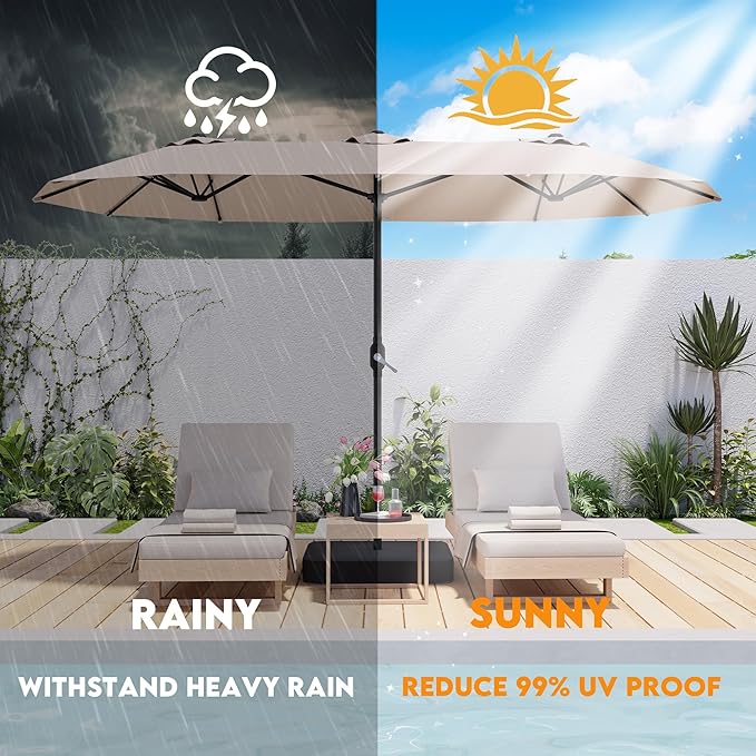 15ft Patio Umbrella with Base,Large Outdoor Double-Sided Rectangle Umbrella with Crank Handle, Market Umbrella for Poolside Garden Deck Backyard Beach Pools, Beige