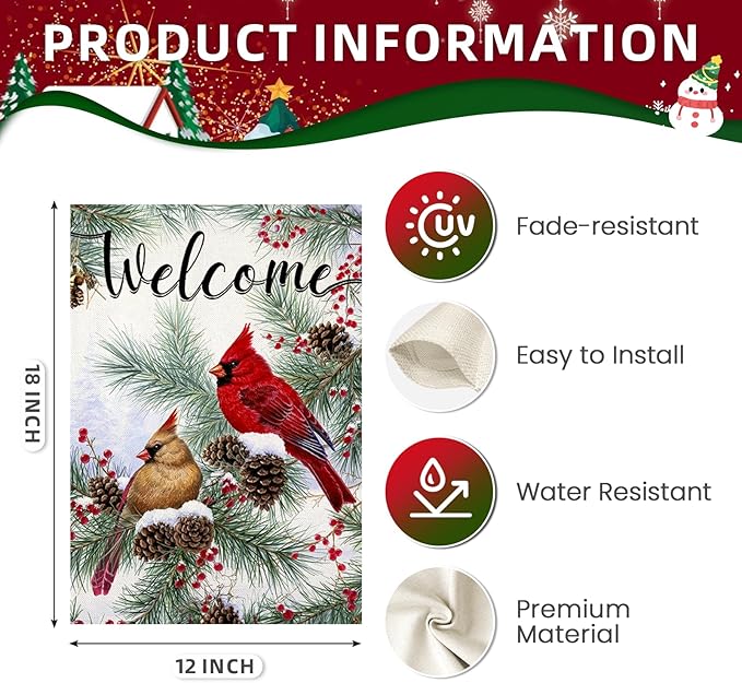 Welcome Christams Garden Flags for Outside Decoration, Cardinal Pine Twigs Berry Small Yard Flag, Seasonal Farmhouse Winter Xmas Holiday Outdoor Decor 12x18 Inch Vertical Double Sided
