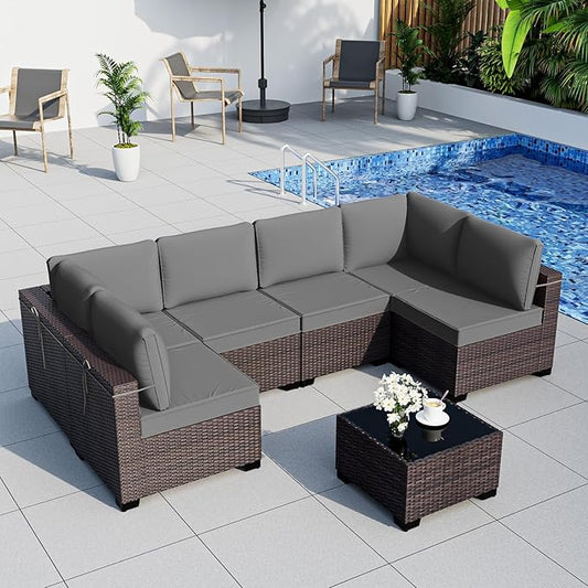 ALAULM Patio Furniture Set with Coffee Table, 7 Pieces Outdoor Sectional with Wide Seat and Thick Cushion, All Weather Wicker Rattan Conversation Set for Backyard, Garden, Deck, Grey