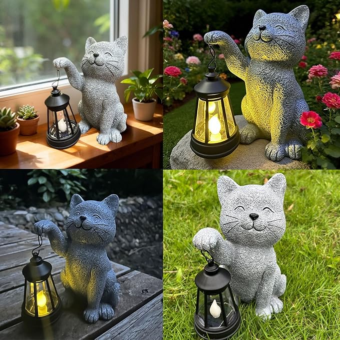 YODY Garden Statues Outdoor Garden Decor: Cat Statue with Solar Lantern for Yard Art Lawn Ornaments Porch Patio Balcony Home House - Birthday Gifts for Grandma Mom Women