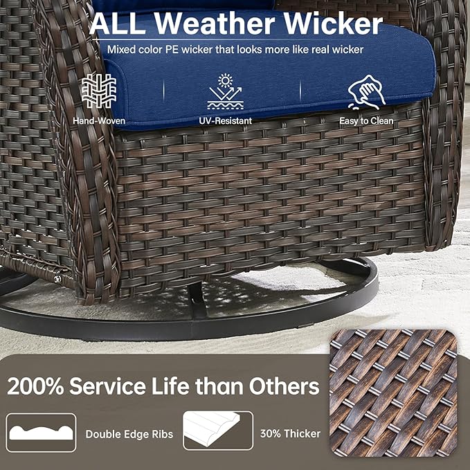 Outdoor Swivel Rocker Patio Chairs Set of 4 with Coffee Table - 5" Thick Cushion 7 Piece Furniture Set All Weather Comfortable Wicker Conversation Set for Porch Deck - Brown/Blue