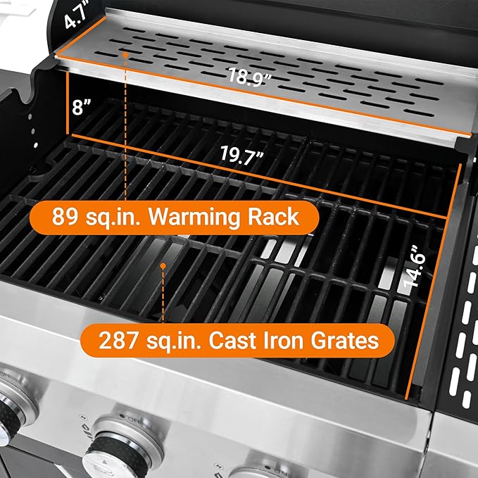 Fast Ignition Outdoor Gas Grill, Independent Multi-Burner & Built-in Thermometer, Easy-Clean Stainless Steel BBQ Grill for Camping Patio Backyard Cooking