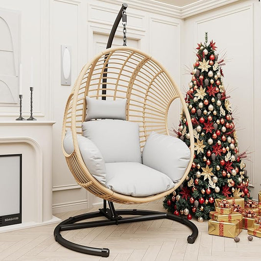 Hanging Egg Chair with Stand - Egg Swing Chair Outdoor Indoor Patio Wicker Chair Swing Hammock Egg Chairs 400lbs Capacity for Outside Patio, Bedroom, Garden, Balcony（Beige-Regular, 1PC