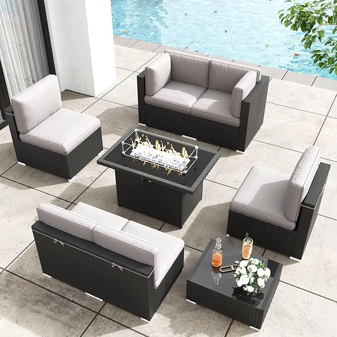 Patio Furniture Set with Fire Pit Table, 8 Pieces Outdoor All-Weather Wicker Conversation Sectional Chair Sofa Set