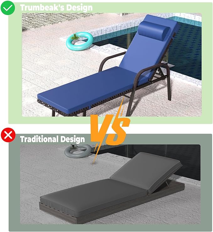 Patio Chaise Lounge Set 3 Pieces Pool Lounge Chairs,Cushioned Outdoor Folding Lounge Chair w/Arm and Rattan Adjustable Backrest for Poolside Porch,Folding Table Included,NavyBlue