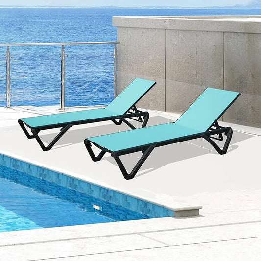 Domi Outdoor Lounge Chair Set of 2, Aluminum Patio Chaise Lounge with 5 Position Adjustable Backrest and Wheels, All Weather Reclining Chair for Patio, Lake Blue