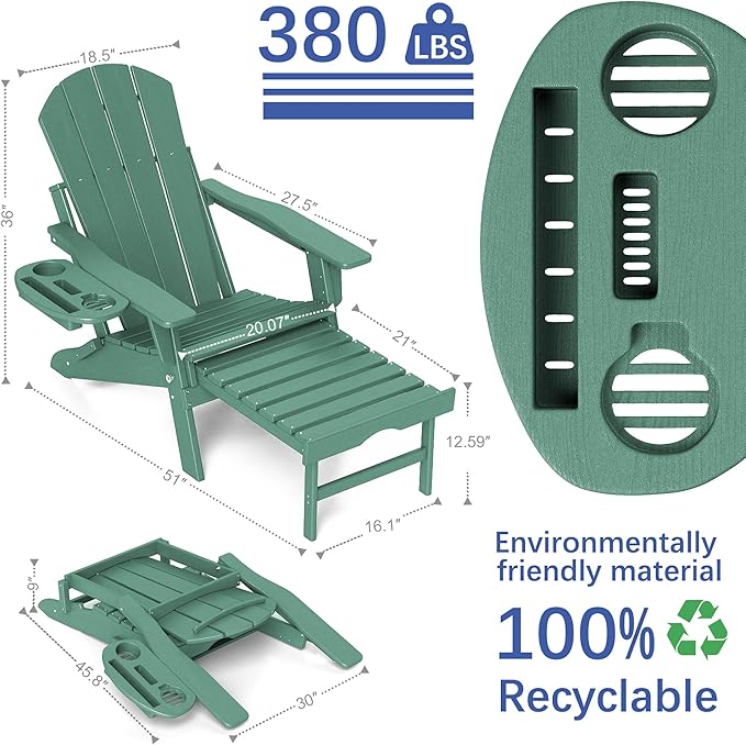 FOOWIN Adirondack Chair with Retractable Ottoman,HDPE Folding Adjustable Adirondack Chair w/4 in 1 Cup Holder Trays,All-Weather Resistant Fire Pit Chair for Outdoor Patio Lawn Set of 8